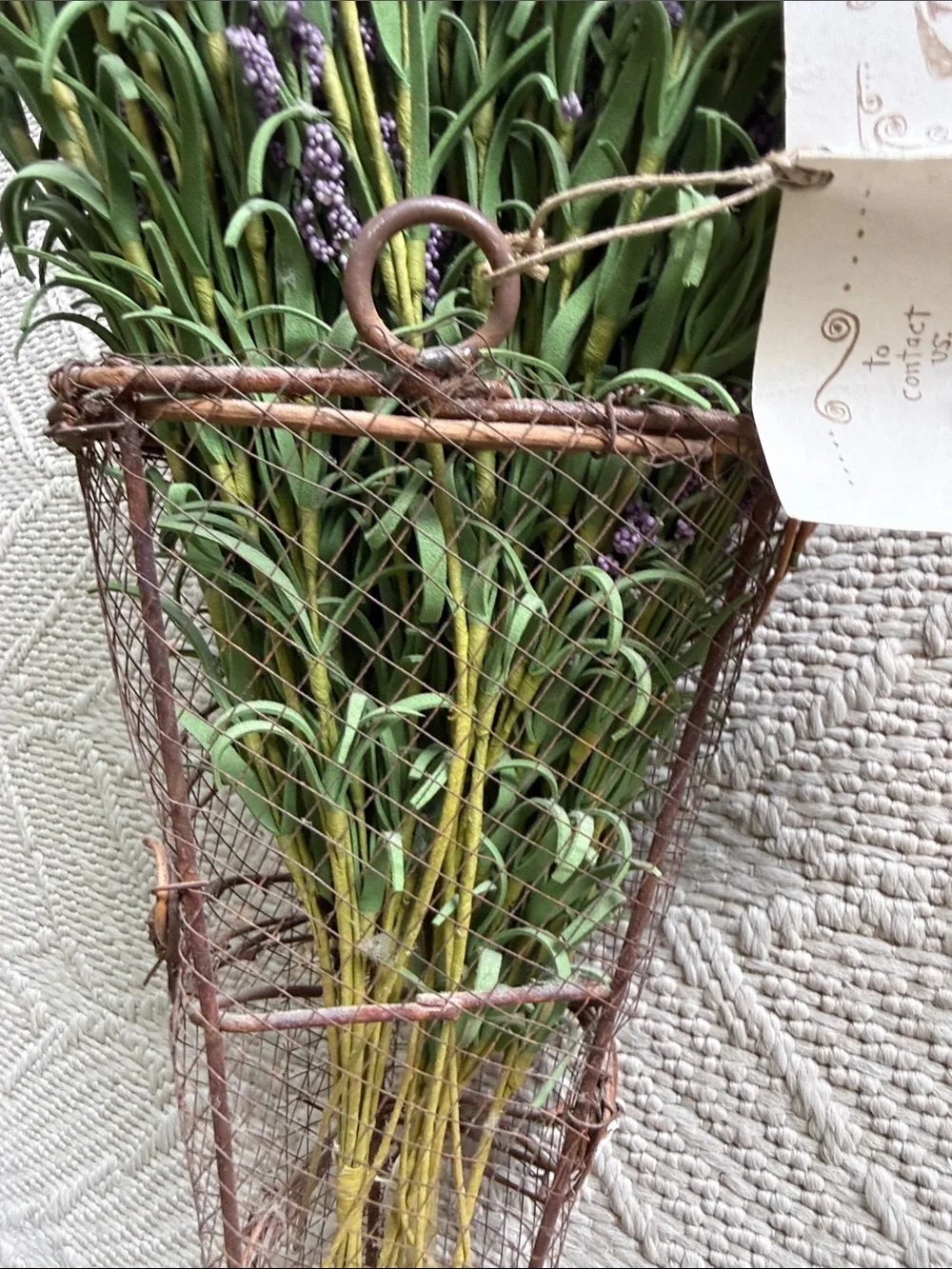 Rustic Wire and Twine Cone Hanging Bouquet Basket Faux Lavender Florals